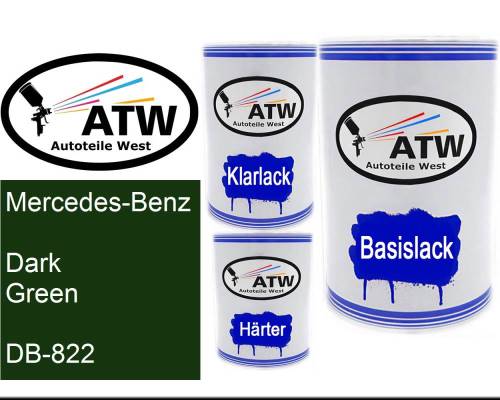 Mercedes-Benz, Dark Green, DB-822: 500ml Lackdose + 500ml Klarlack + 250ml Härter - Set, von ATW Autoteile West.